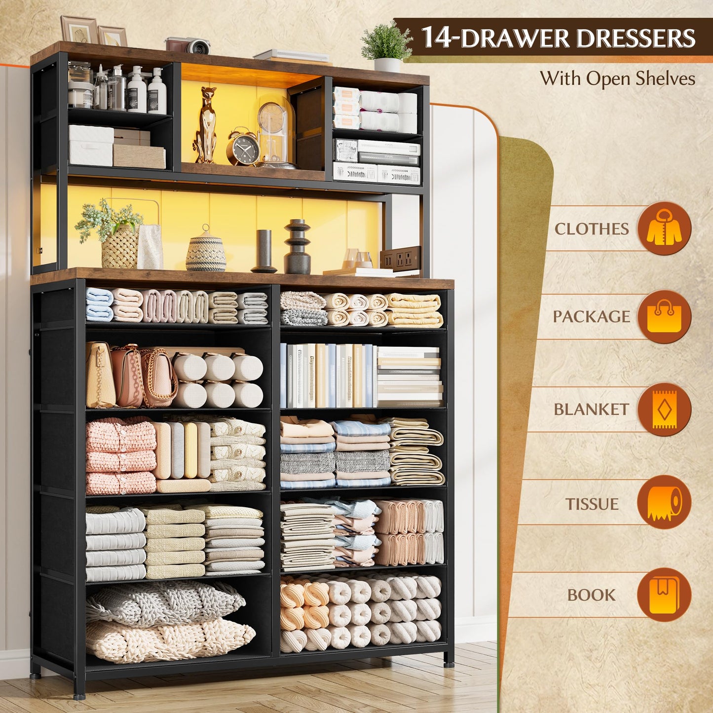 EnHomee Tall Dresser for Bedroom with 14 Storage Drawers,Fabric Dresser with Charging Station and LED Lights,Dressers & Chests of Drawers for Bedroom, Steel Frame & Wooden Top,Rustic Brown
