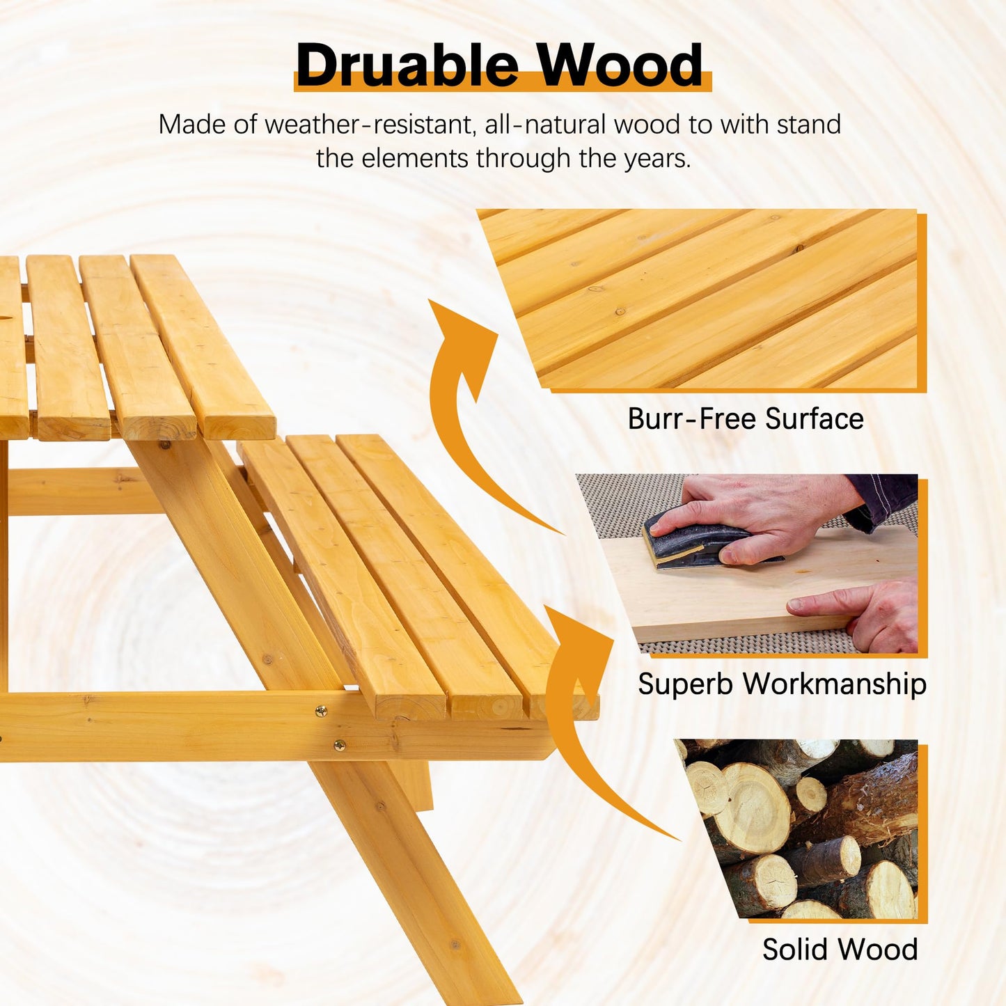 Jaxilyn Outdoor Wooden Picnic Table with Benches Camping Dining Table for Garden Patio Backyard,Natural Color (Natural, Rectangle)