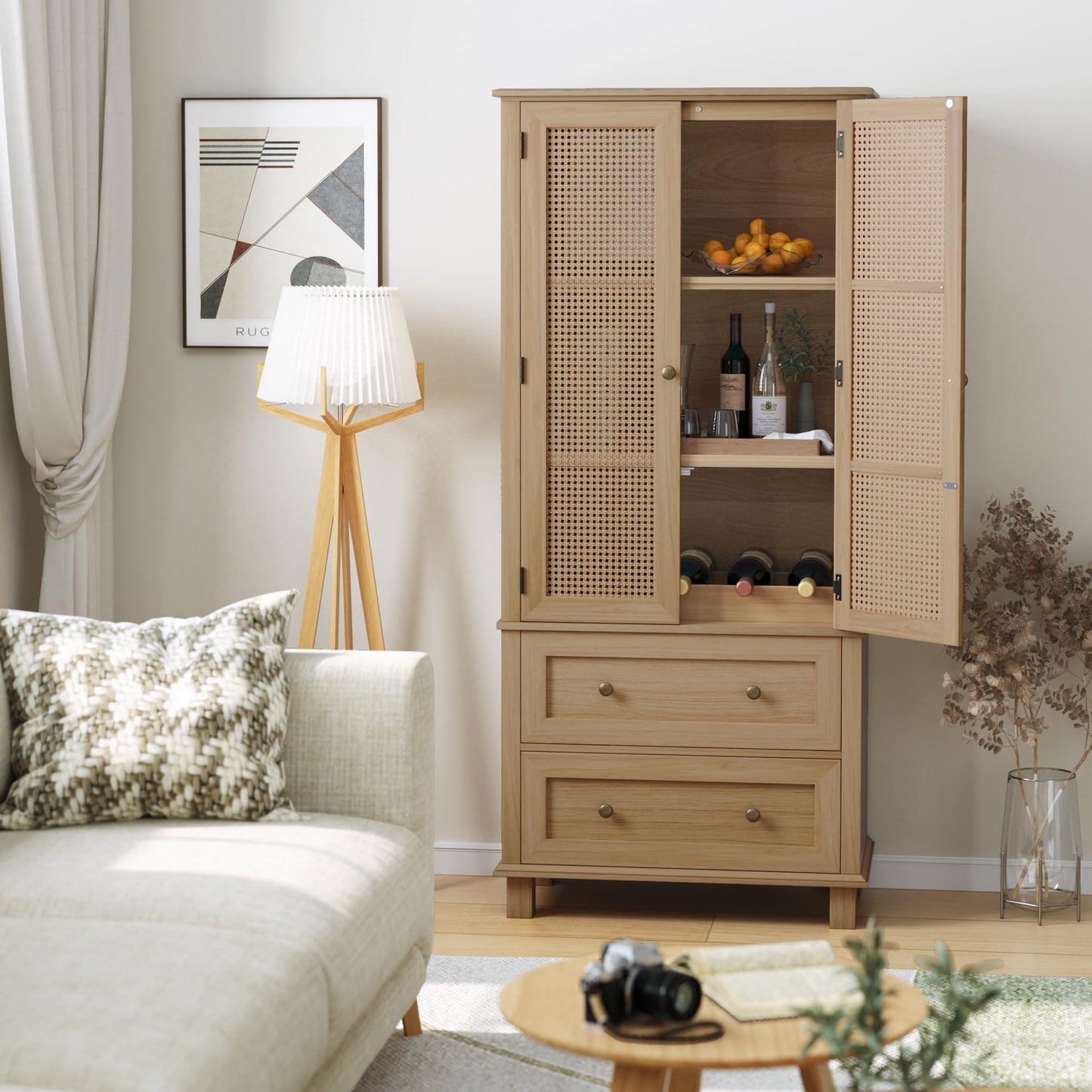 FOTOSOK Kitchen Pantry Storage Cabinet, Tall Cabinet with Rattan Doors and 2 Drawers, Freestanding Cupboard Adjustable Shelves, Utility for Kitchen, Dining Room (AZ-130)