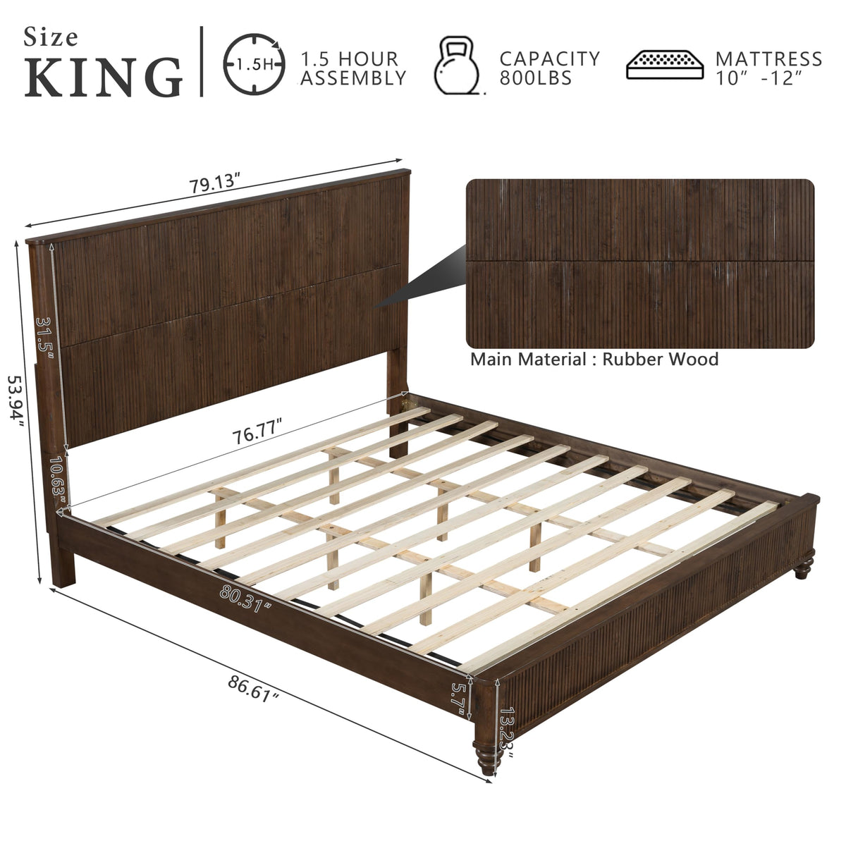 SABAITEC King Size Solid Wood Platform Bed Frame, Solid Wood Bed with 79.13" Headboard, Solid Wood Leg/No Box Spring Needed/Noise Free/Brown