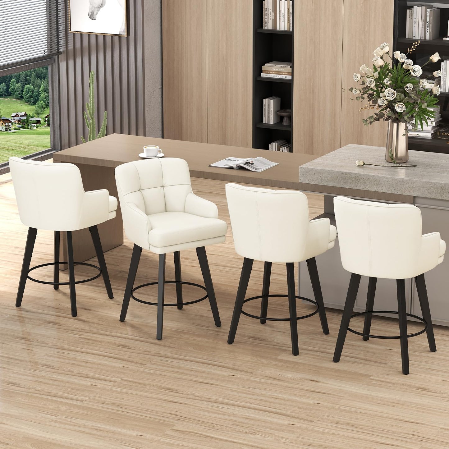 SAECKBERG 360°Swivel Counter Height Bar Stools with Back, 26 inch Solid Wood Legs, Bar Stool Modern Kitchen Island Chairs, Faux Leather (Antique White- Faux Leather, 26" H- Set of 4)
