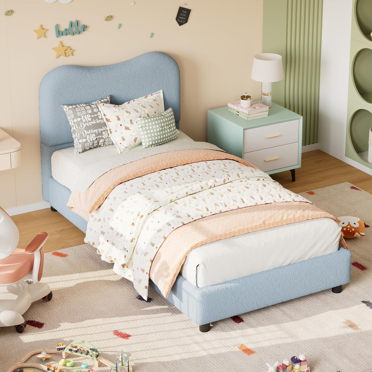 Senfot Blue Twin Kids Bed Frame with Upholstered Headboard, Low Profile Sturdy Platform Bed with Soft Boucle Fabric for Girls and Boys, Heavy Duty, Wooden Slats, Noise Free, No Box Spring Needed