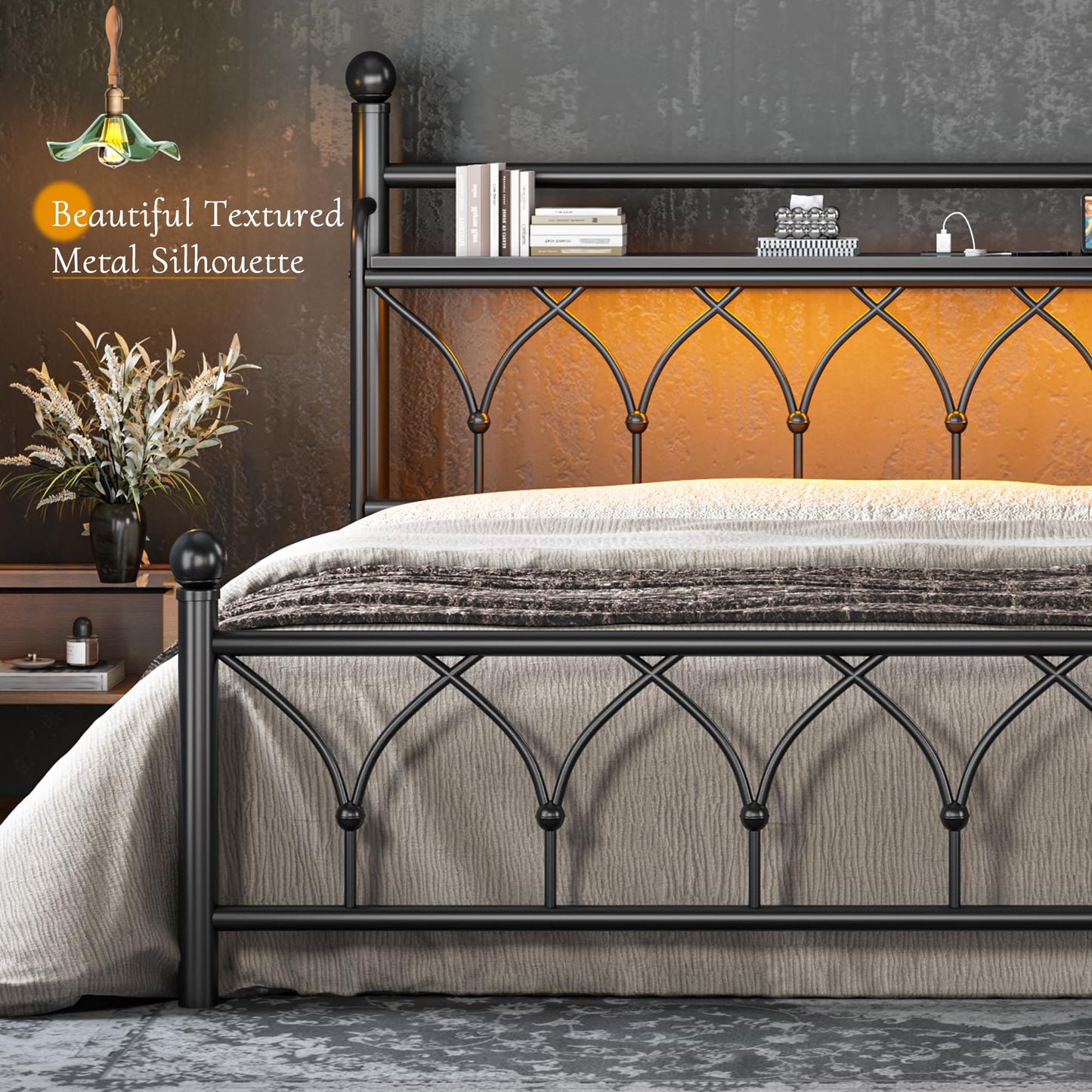 EnHomee King Bed Frame with Headboard, Metal King Size Bed Frame with LED Lights and Power Outlets, Heavy Duty Steel Slats Support with Storage, Sturdy & Noise-Free, No Box Spring Needed, Black