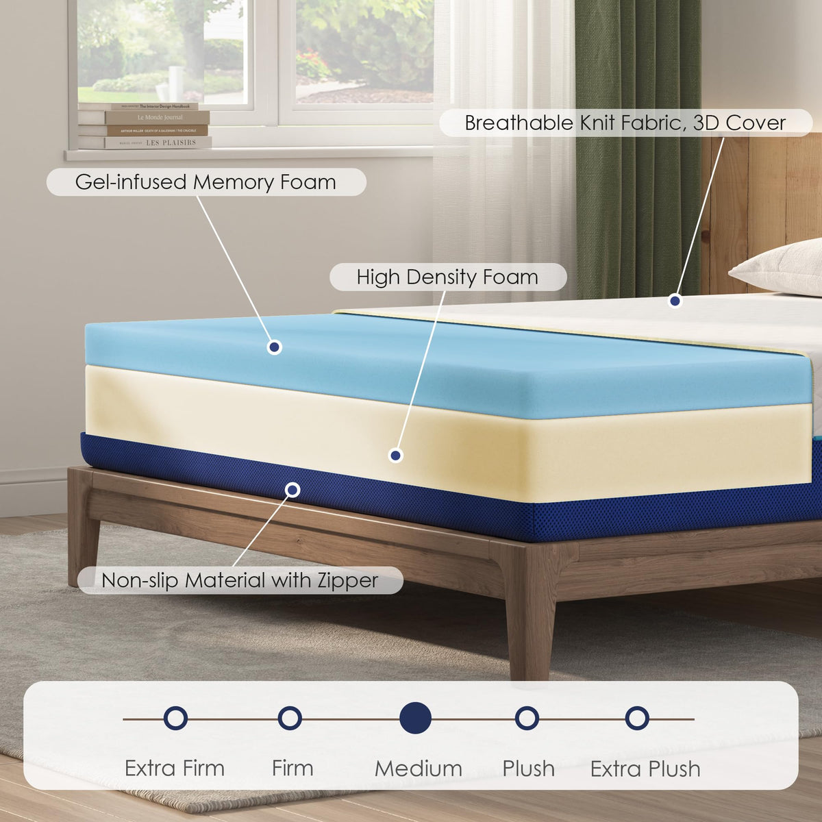 Back to School Essentials Gel Memory Foam Mattress - CertiPUR-US Certified Cooling Bed with Motion Isolation & Non-Slip Base Cover, Twin/Full Size for Dorms & Family Rooms (8 Inch, Full)