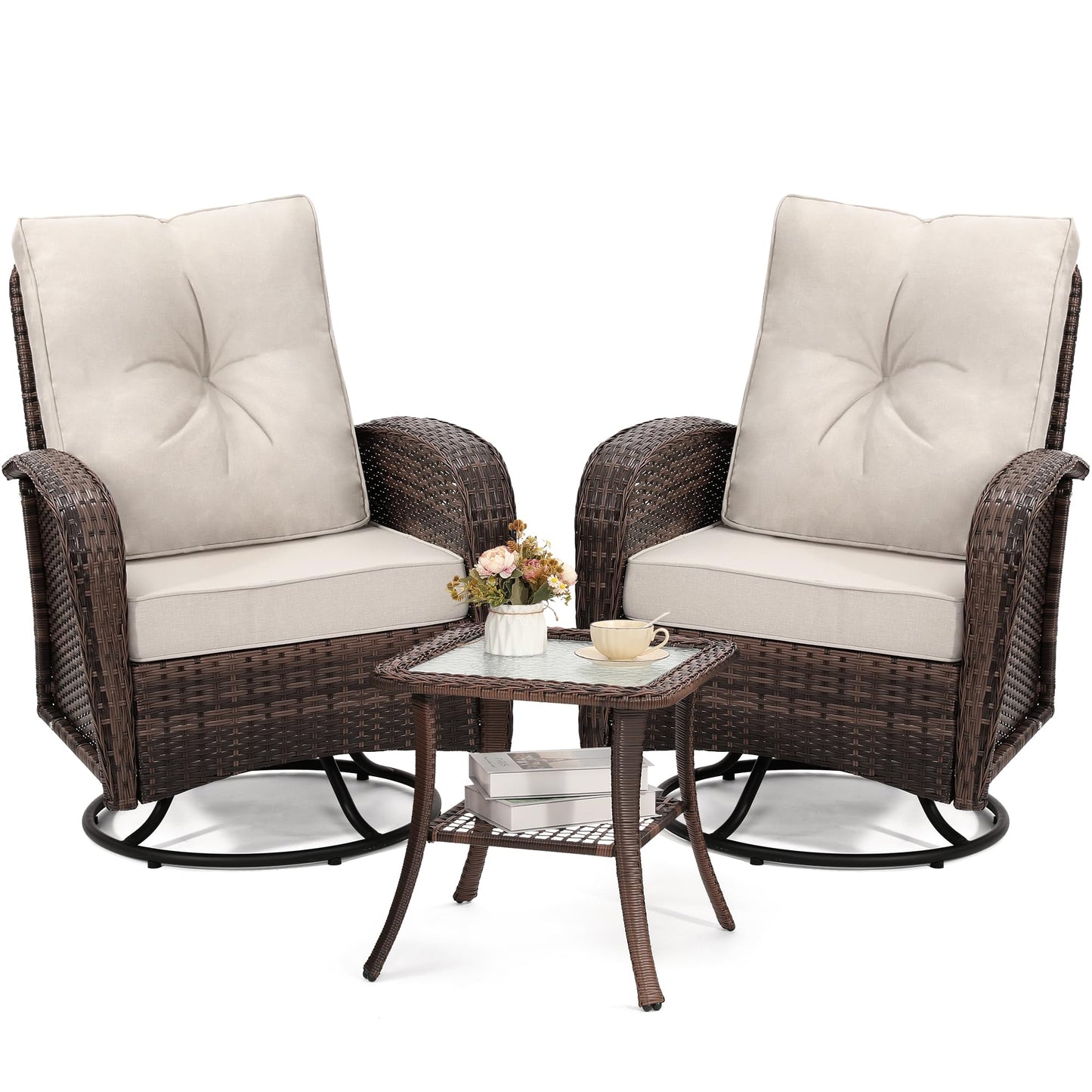 wildformers 2 Luxury Outdoor Swivel Wicker Glider Patio Chairs with Table Set, Overstuffed Washable Cushions, Ideal for Porch, Balcony, Deck, Brown Rattan and Beige Cushions