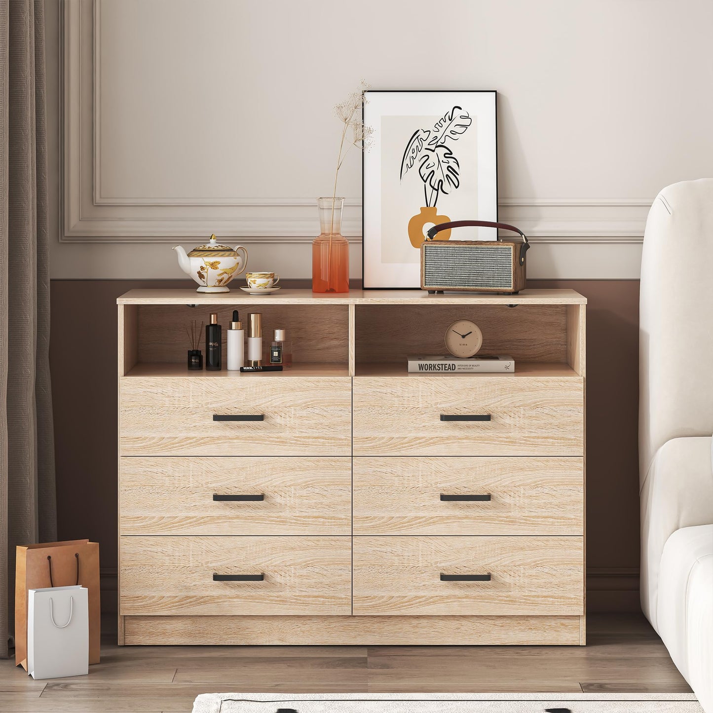 Bigbiglife 6 Drawers Dresser for Bedroom Wooden Drawer with Open Storage Cubby, Double Wide Dresser Organizer for Bedroom, Living Room, Entryway, Hallway (Light Oak)