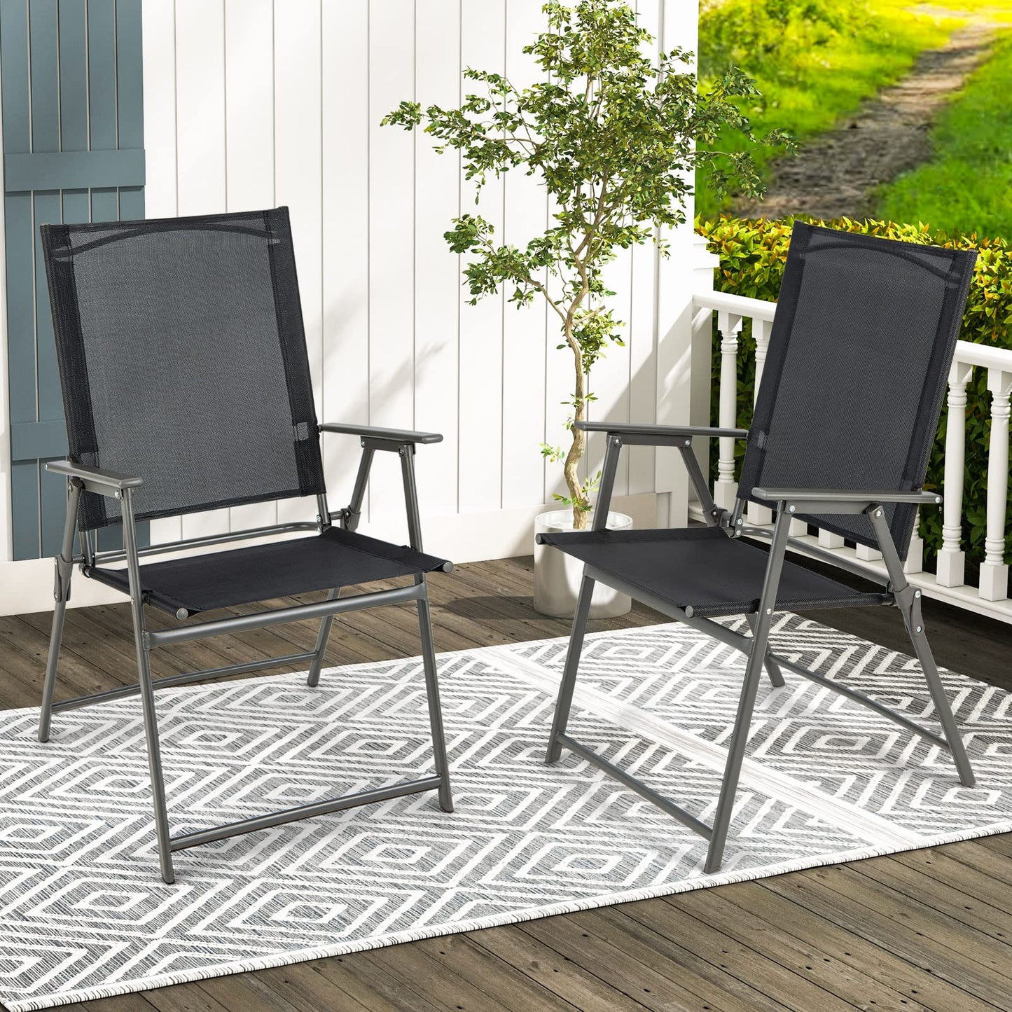 Giantex Patio Folding Chairs Set of 4, Outdoor Lawn Chairs with Rustproof Metal Frame, Portable Dining Chairs for Porch, Deck, Garden, Backyard, Camping