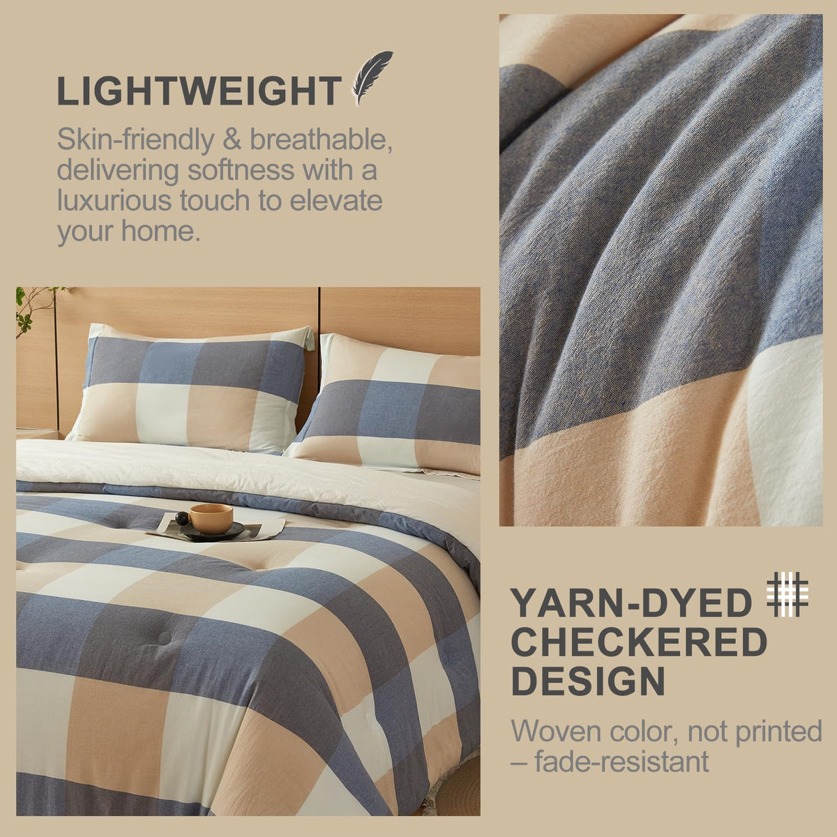 hadamick 100% Cotton Comforter Set Twin Size – Reversible Yarn-Dyed Checkered Design, Soft Washed Cotton on Both Sides, Lightweight All-Season Bedding, Machine Washable(Blue White Plaid, 68”x90”)