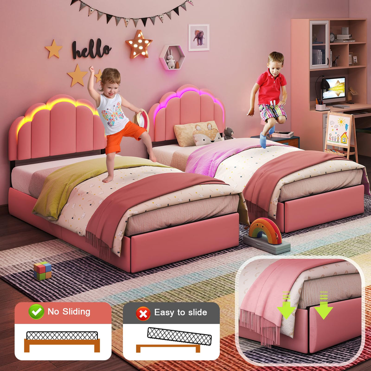 SADENICEL Twin Upholstered LED Bed Frame with Storage Drawer, Chic Double Wavy Headboard, Velvet Princess Platform Bed, Solid Wood Slats Support,No Box Spring Needed, Pink