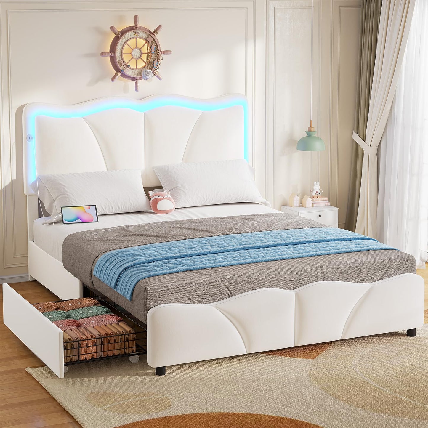 Full Size Upholstered LED Bed Frame with Adjustable Chic Petal Headboard, Velvet Platform Storage Bedframe with 4 Drawers and Charging Station, No Box Spring Needed, Wooden Slats Support, Beige