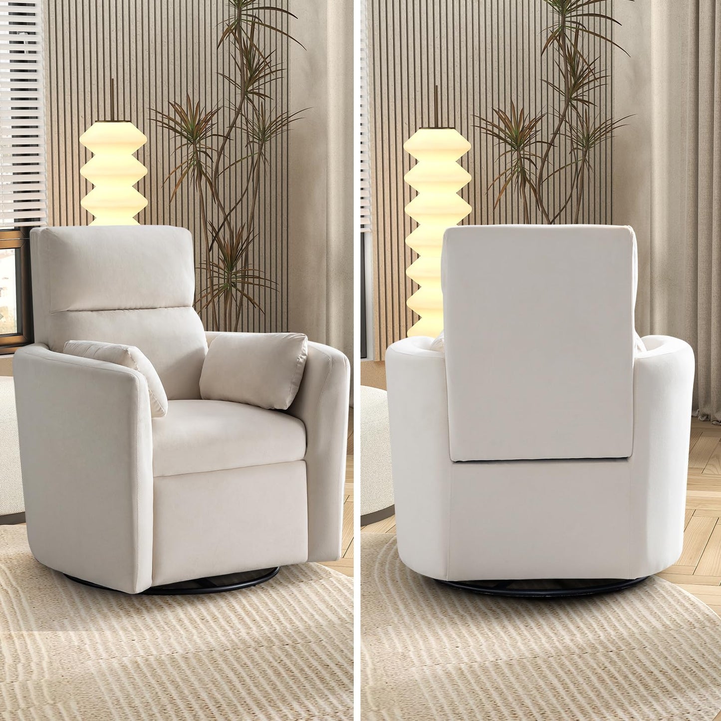 EBELLO Swivel Accent Chair, Velvet High Back Round Living Room Chair, Minimalist Reading Conversation Seat with Two Pillows for Small Space, Bedroom, Beige