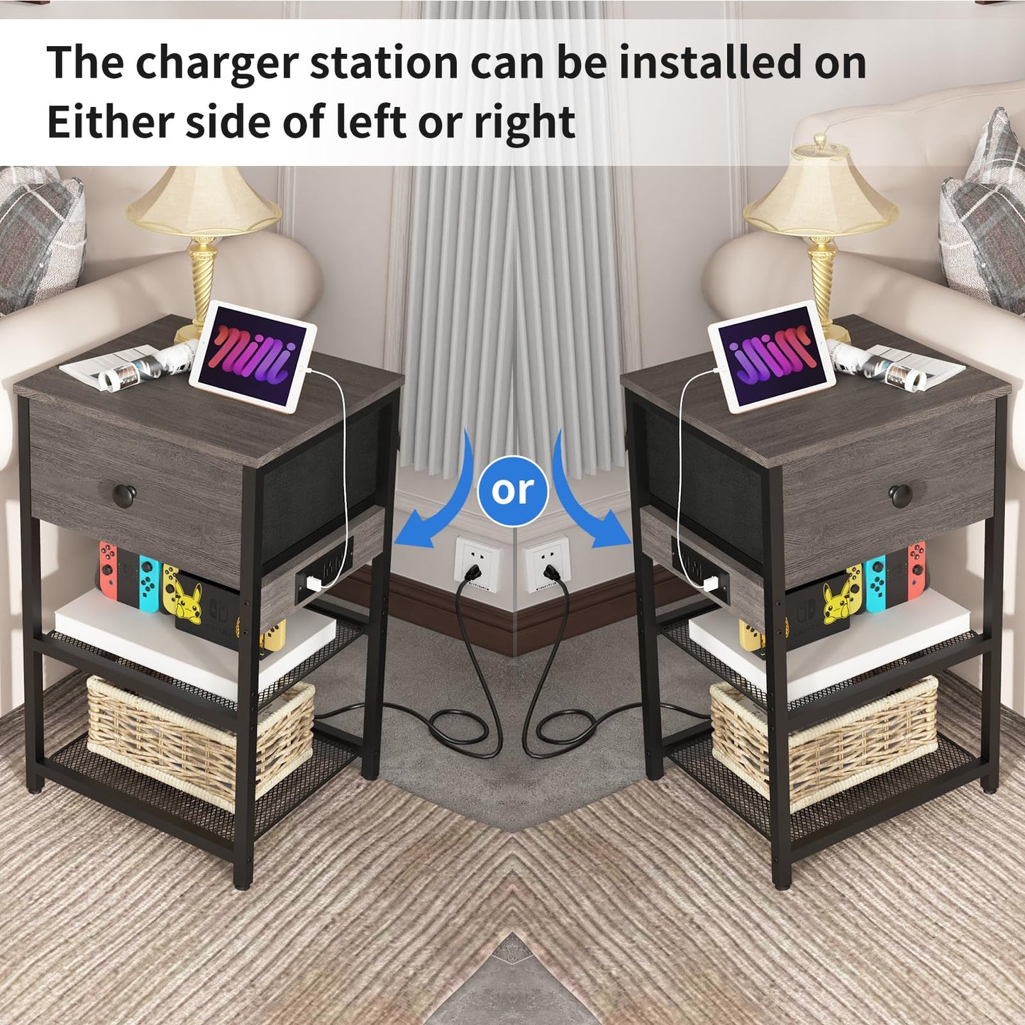 LTTDOUK Nightstands Set of 2 with Charging Station, Bedside Tables with Fabric-Wood 2-in-1 Drawer, End Table for Small Spaces, Grey Side Table with USB Ports and Outlets for Bedroom, Living Room