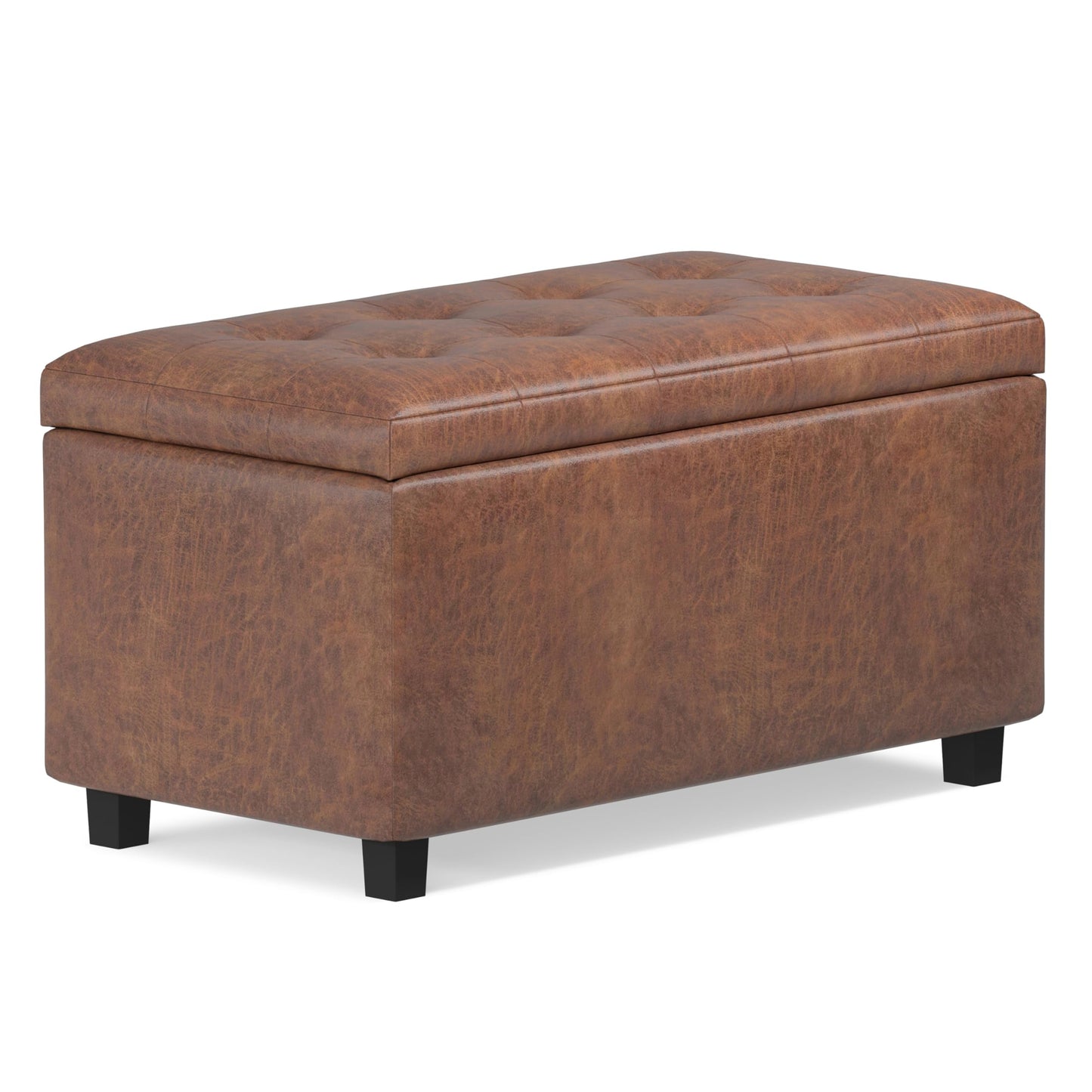 SIMPLIHOME Cosmopolitan 34 inch Wide Transitional Rectangle Storage Ottoman in Distressed Saddle Brown Vegan Faux Leather, Assembled, For the Living Room, Entryway and Family Room