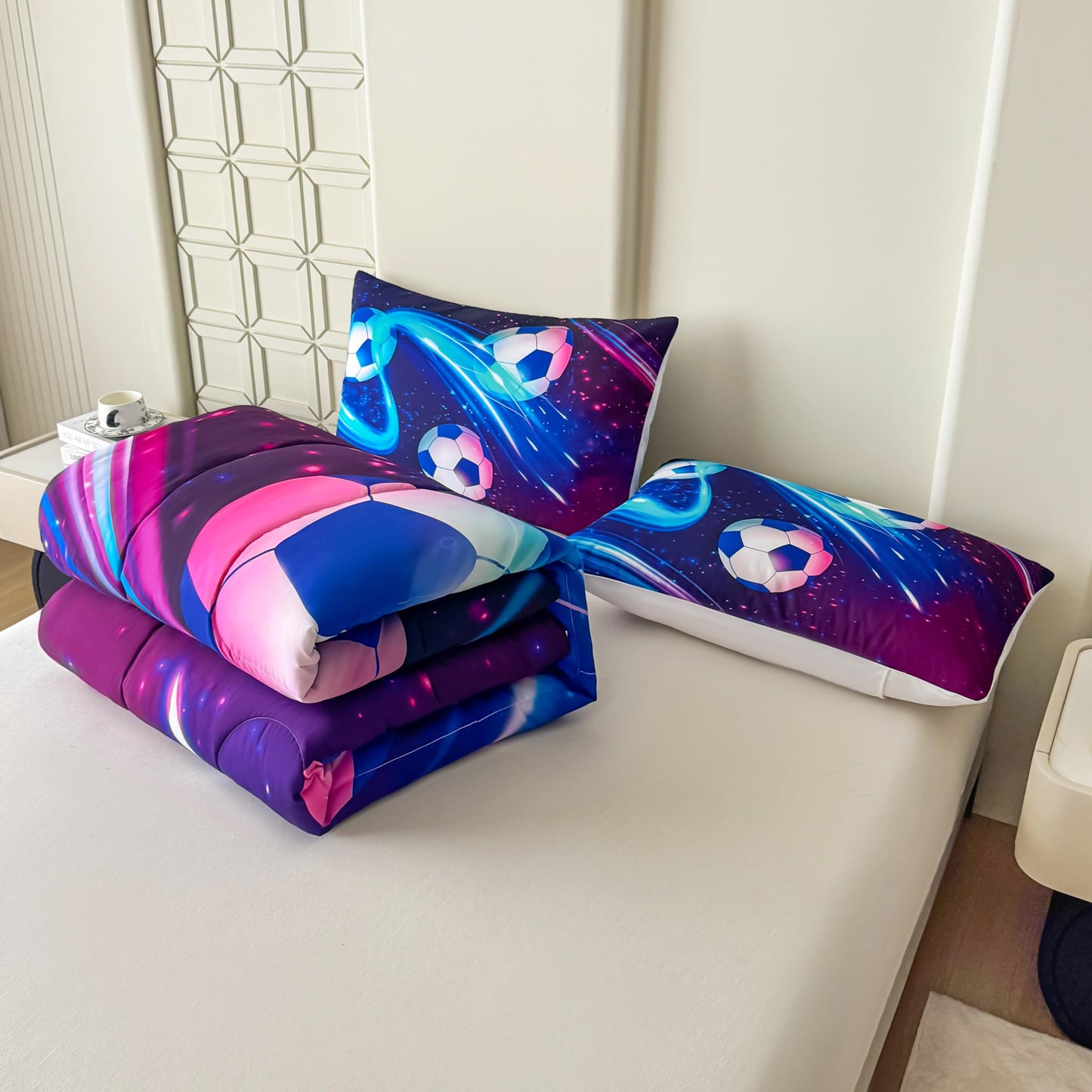 Peopleareok Soccer Comforter Set Twin (68x86 Inch), Purple Blue Soccer Theme Comforter, Sports Football Bedding, 2 Pieces Soft Microfiber Football Bedding Set for Boys Kids with 1 Pillowcases