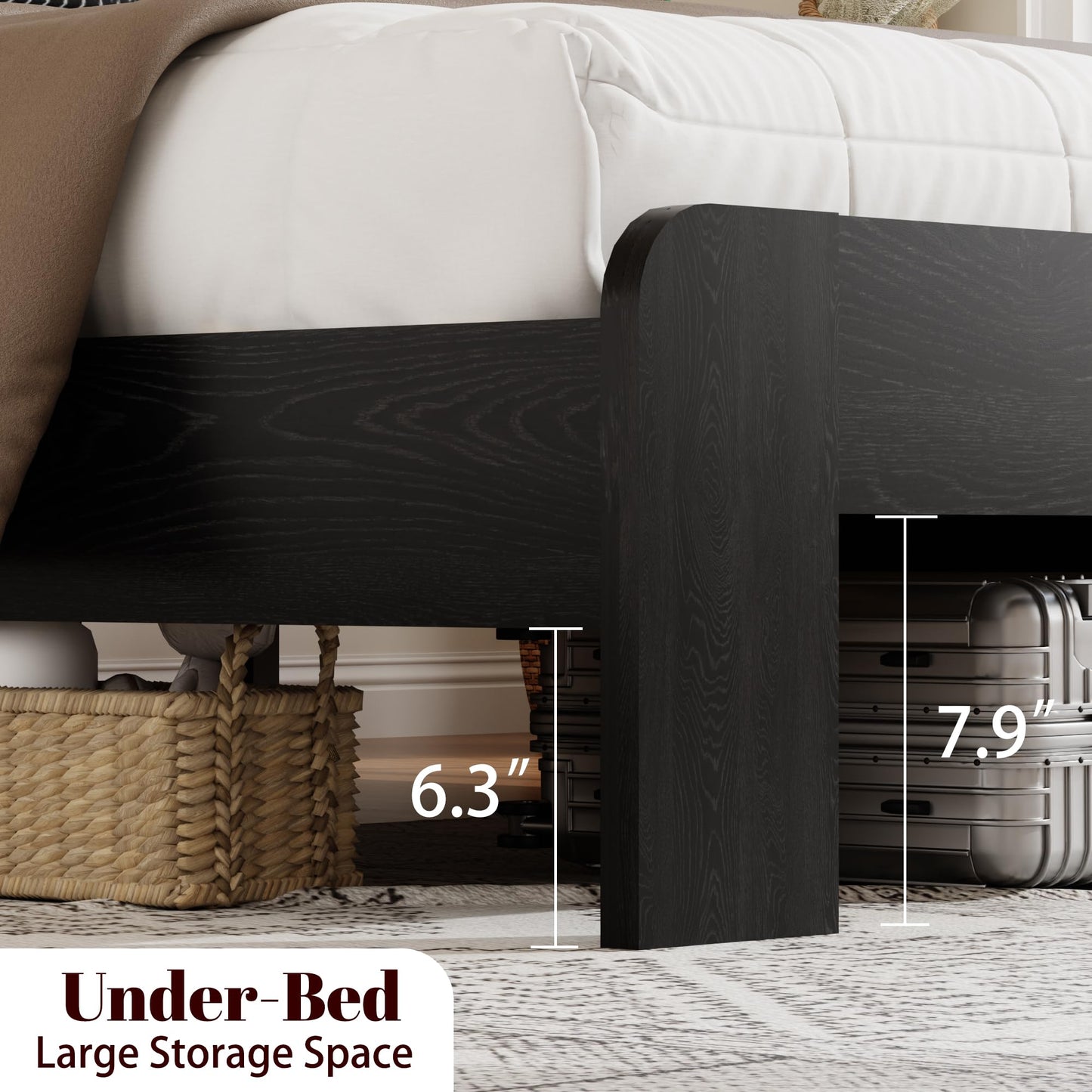 SAMTRA Wooden Bed Frame King Size with Storage Headboard, Farmhouse Platform Bedframe with Bookcase Shelf & Led Lights, Sturdy Wood Slat Framework Bed Frame (Classic Black)