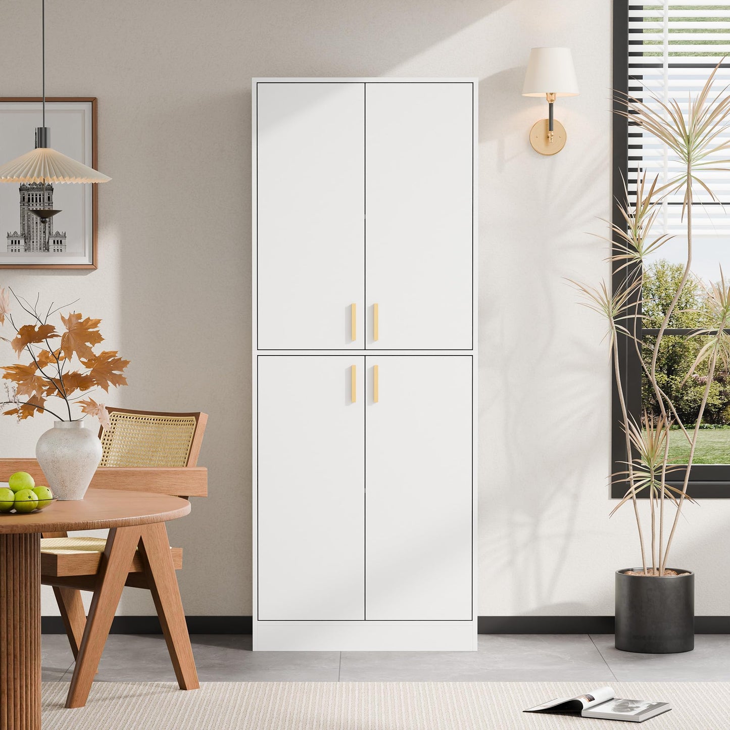 Cozy Castle Kitchen Pantry Cabinet, 71" Tall Wood Storage Cabinet with Doors and Shelves 4 Doors Freestanding Cupboard Utility Hutch for Dining Room Living Room Bathroom Furniture, White