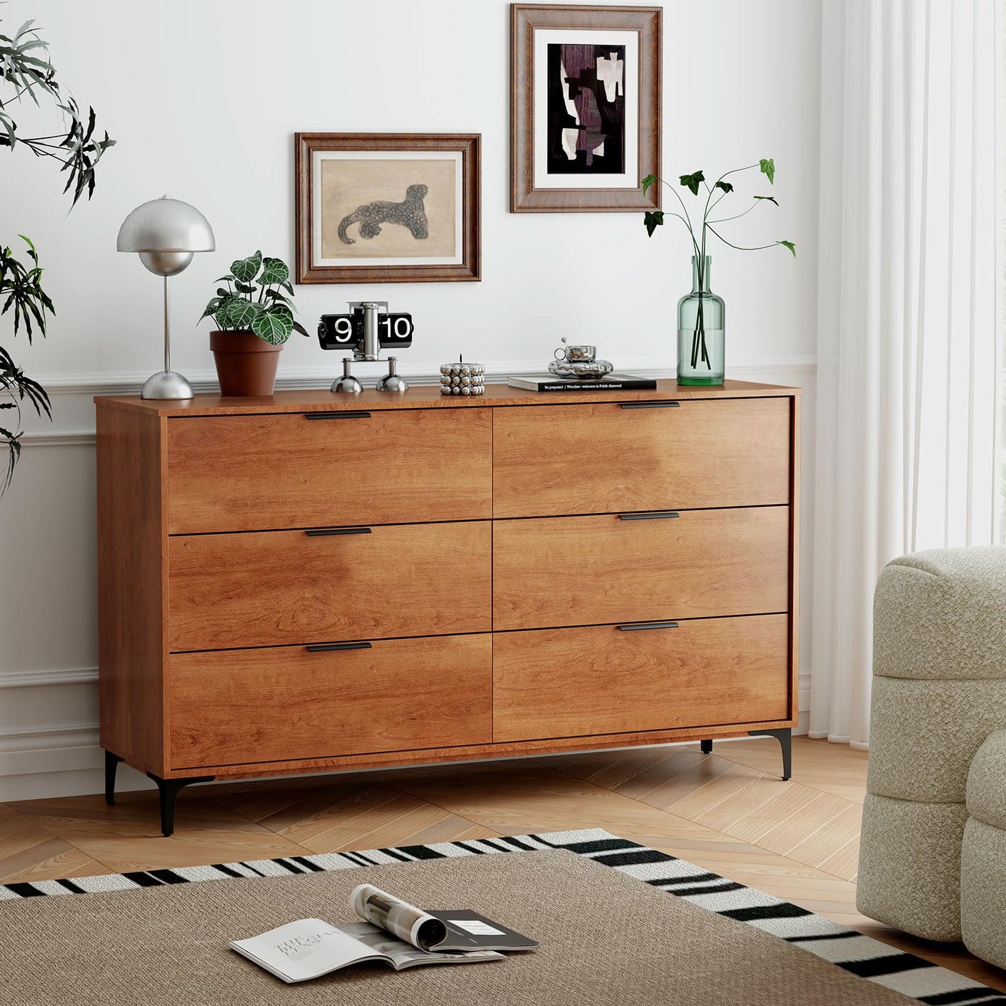 LOKO Mid Century Modern 6-Drawer Dresser, Wooden Chest of Drawers with Interlock System, Tall Storage Dresser for Bedroom, Living Room, Hallway, Cherry