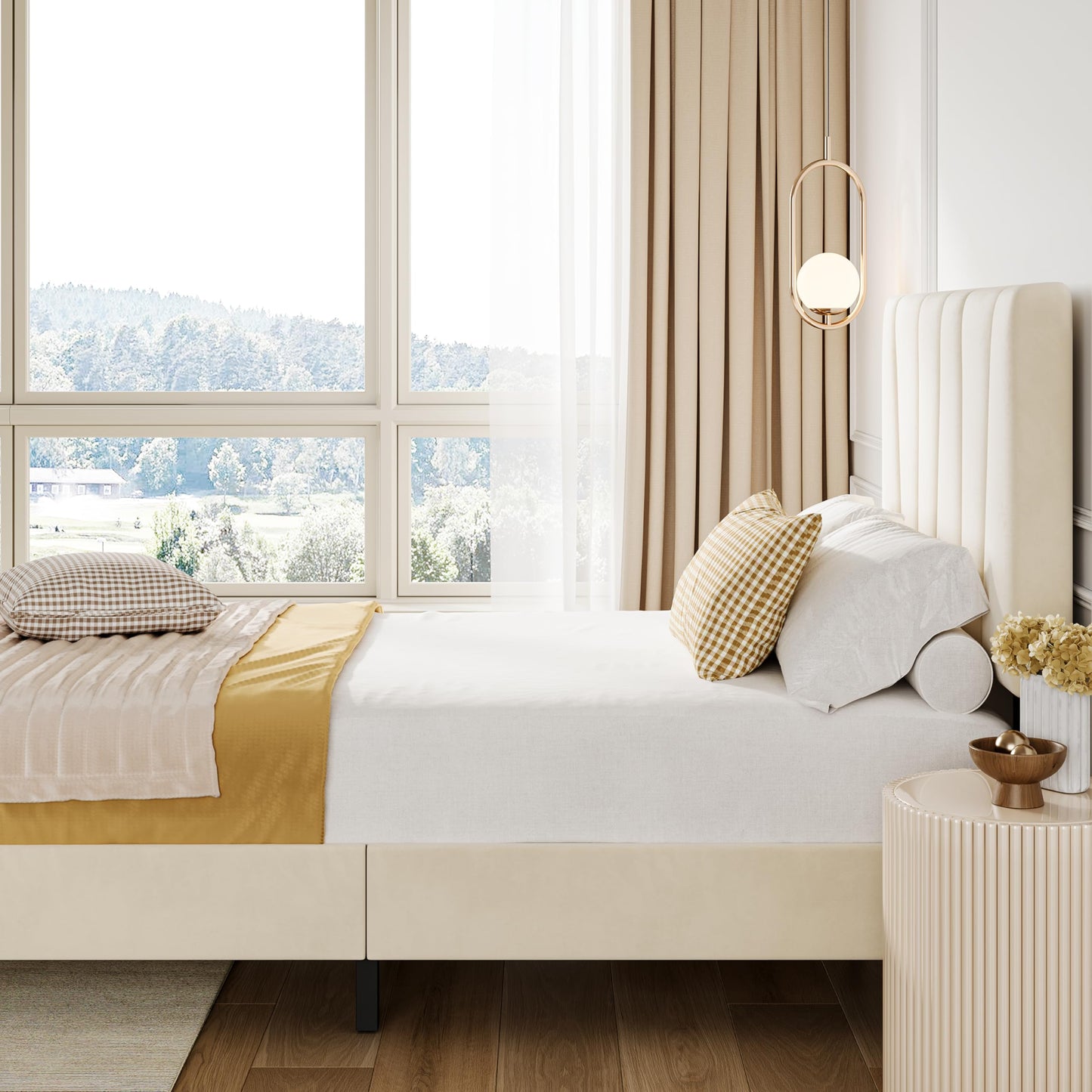 GarveeHome Bed Frame with Headboard Adjustable, Velvet Upholstered Tufted Platform Bedframe No Box Spring Needed (Beige(Velvety Matte Finish), Twin)