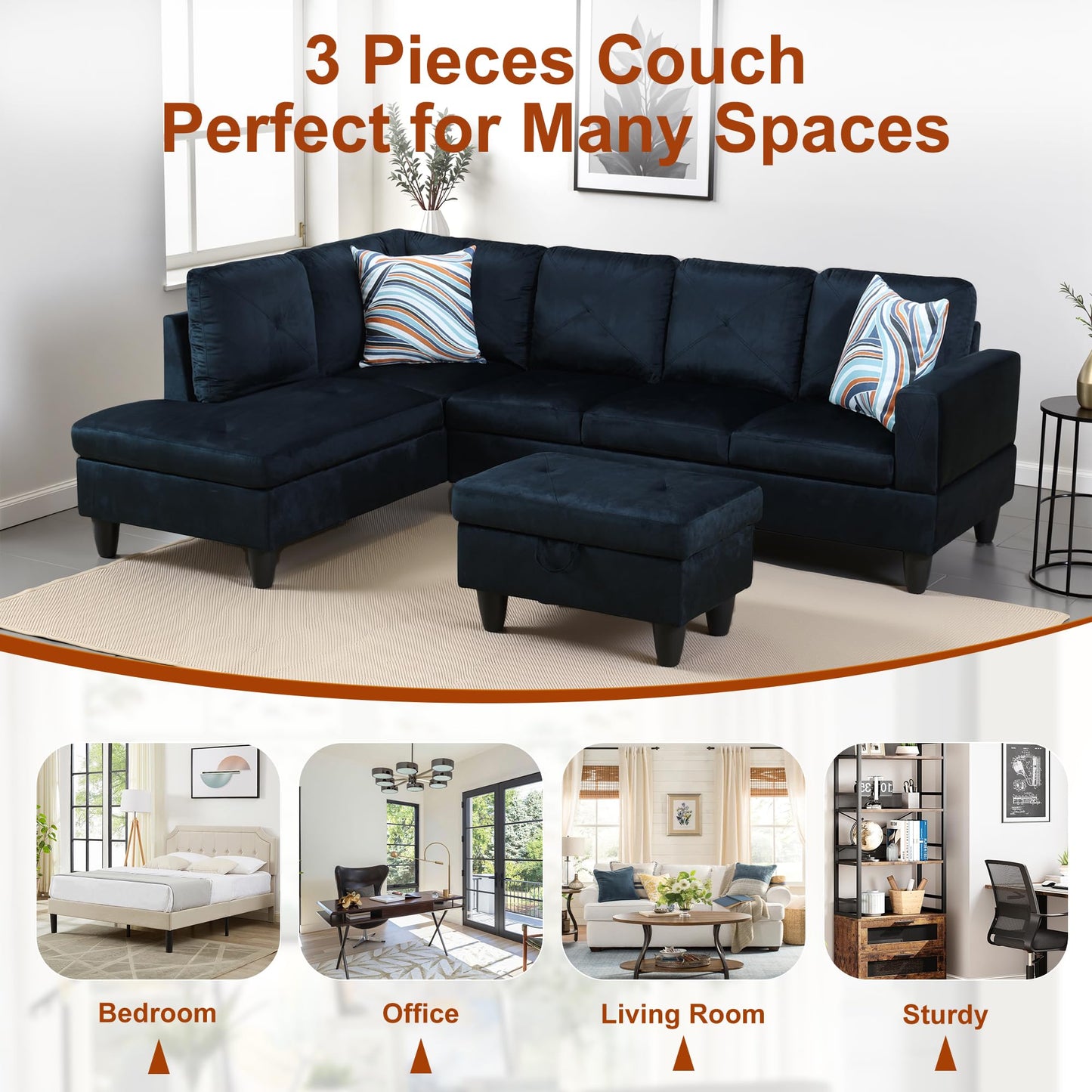 Osparple L Shaped Couch Sectional Couches for Living Room Upholstered Microfiber 3 Pieces Modular Sectional Sofa with Chaise, Ottoman with Storage for Small Apartment, Midnight Blue