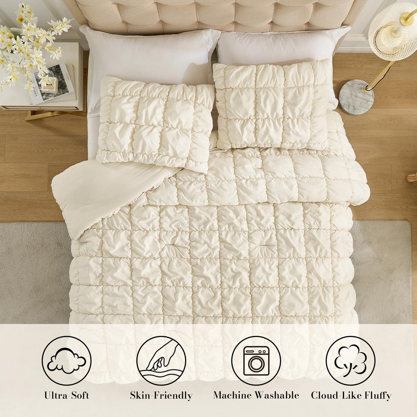 Amélie Home Beige Comforter Set King, Bubble Lightweight Bed Set King Size for All Seasons, 3 Pieces, Bedding Set with Comforters and Pillow Cases