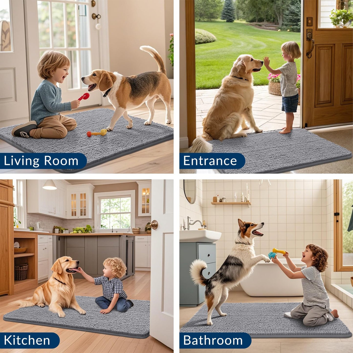Smiry Dog Door Mat for Muddy Paws 59x24, Absorbs Moisture and Dirt Doormat, Non-Slip Washable Quick Dry Chenille Front Door Mat Indoor Entrance, Entryway Carpet for Inside Floor, Grey