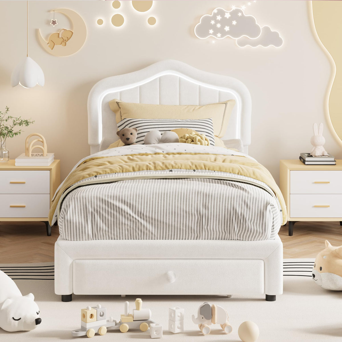 GarveeHome Twin Upholstered Bed Frame with Storage Drawer and Smart Led Headboard, Twin Size Platform Bed Frames for Kids, Wooden Slats Support, No Box Spring Needed, Easy Assembly, White