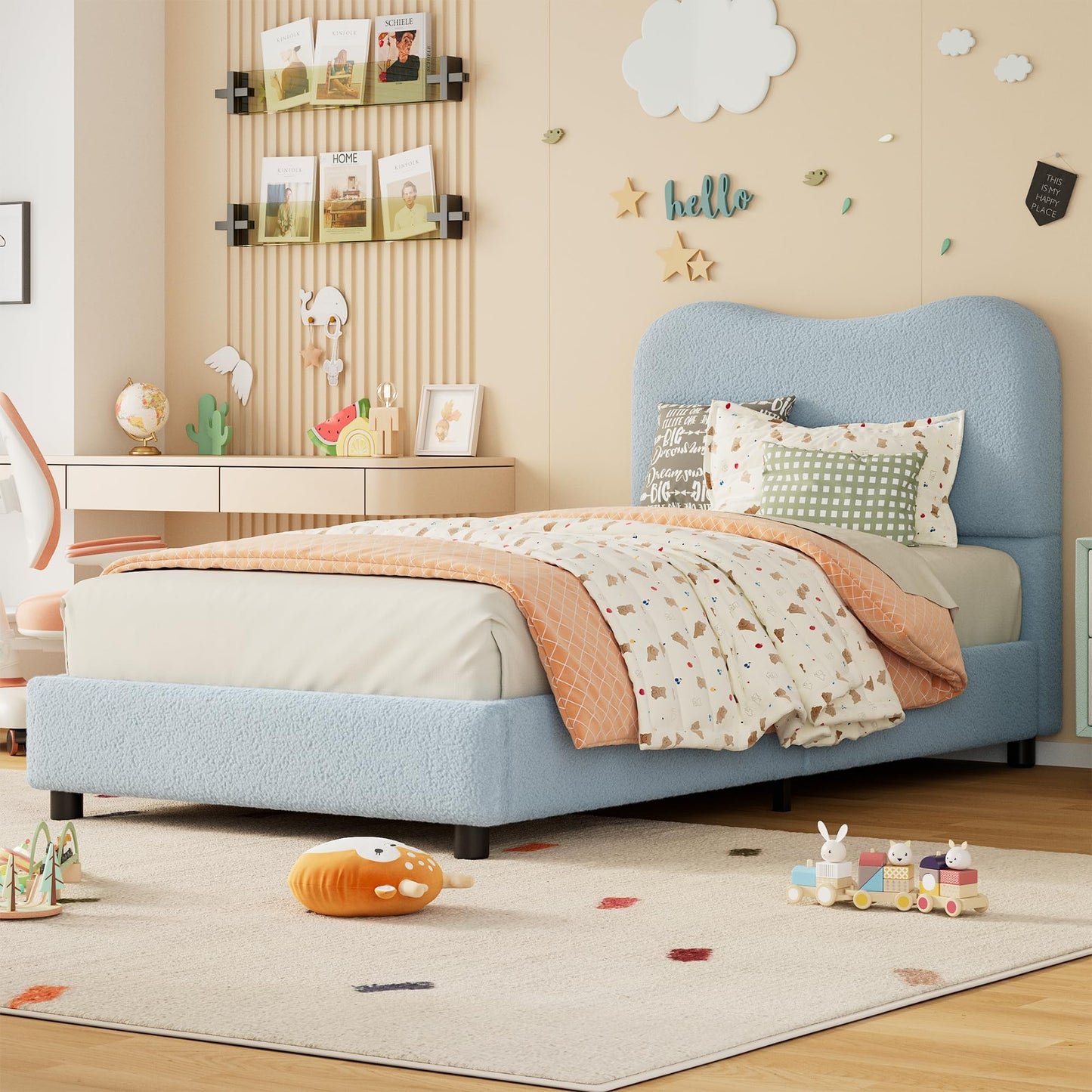 Senfot Blue Twin Kids Bed Frame with Upholstered Headboard, Low Profile Sturdy Platform Bed with Soft Boucle Fabric for Girls and Boys, Heavy Duty, Wooden Slats, Noise Free, No Box Spring Needed