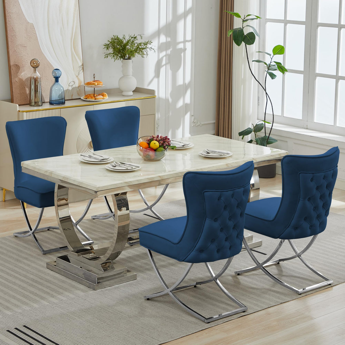 LOULENS Elegance Velvet Dining Chairs Set of 2, Luxurious Upholstered Tufted Dining Room Chairs, Glam Royal Velvet Accent Chairs with Stainless Steel Legs, Dark Blue
