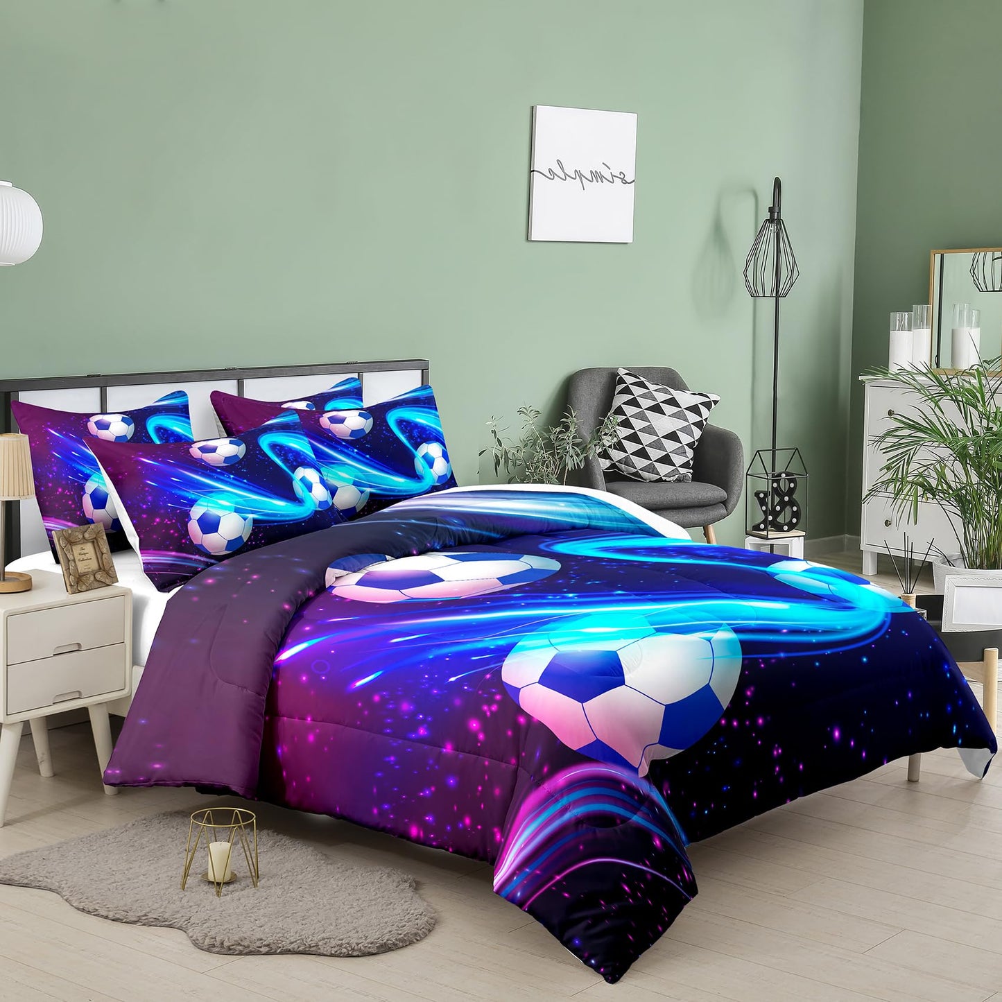 Peopleareok Soccer Comforter Set Twin (68x86 Inch), Purple Blue Soccer Theme Comforter, Sports Football Bedding, 2 Pieces Soft Microfiber Football Bedding Set for Boys Kids with 1 Pillowcases