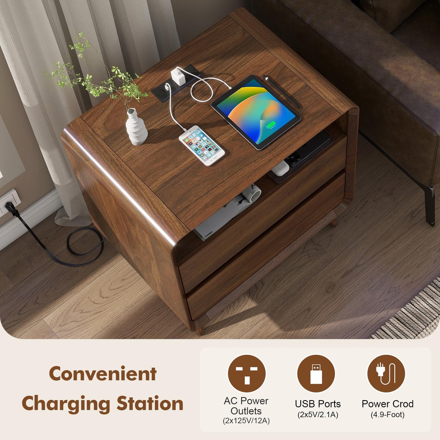 Nasonet Night Stand with Charging Station, 23.7" Wide Mid Century Modern Nightstand with Drawers, Curved Edge, Wood Bedside End Table for Bedroom, Walnut