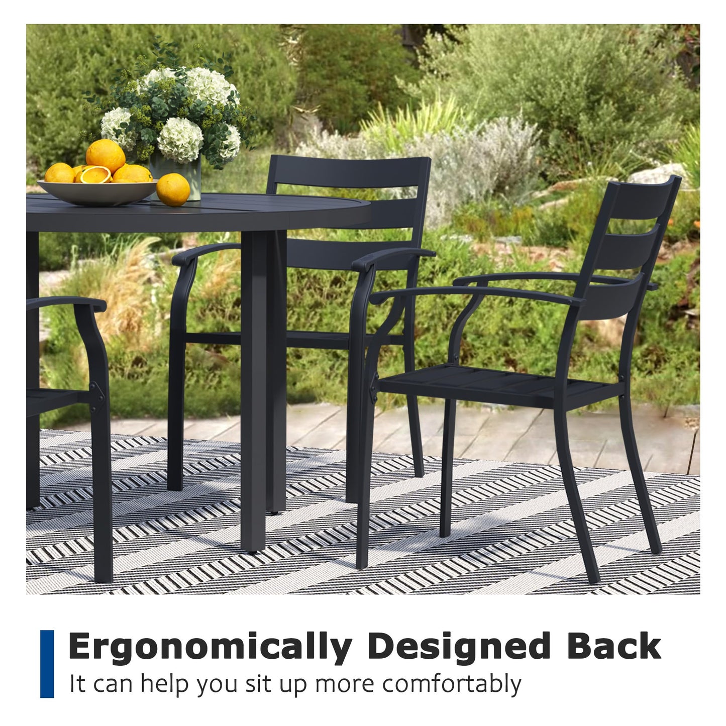 Patio Dining Chairs Set of 6, Black Stackable Outdoor Dining Chairs, Metal Patio Furniture Set for Garden Backyard Lawn Deck Support Over 300 lbs