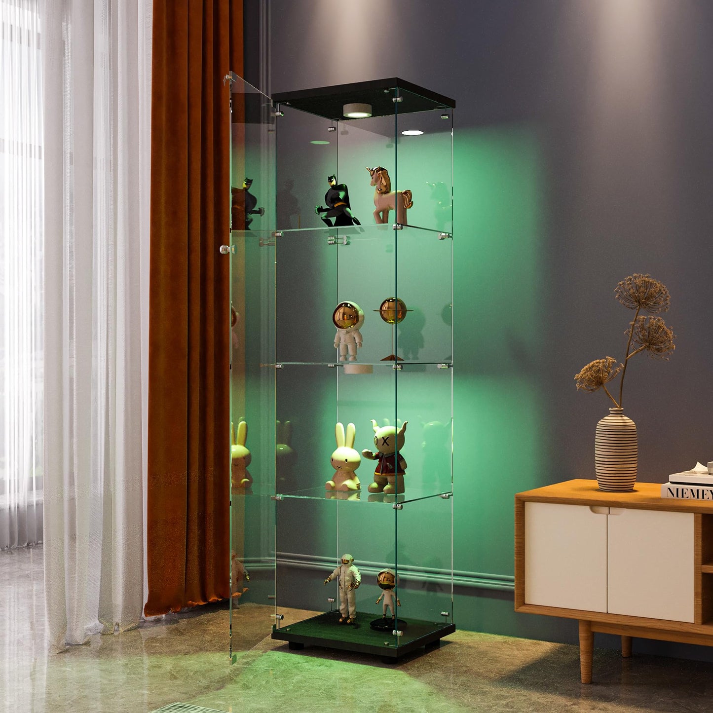 FANYUSHOW Display Cabinet with Glass Door and LED Light, 4-Tier Tempered Glass Display Shelf, Glass Curio Cabinet Collection Display Case, Black 64.7" H x 16.7" L x 14" W