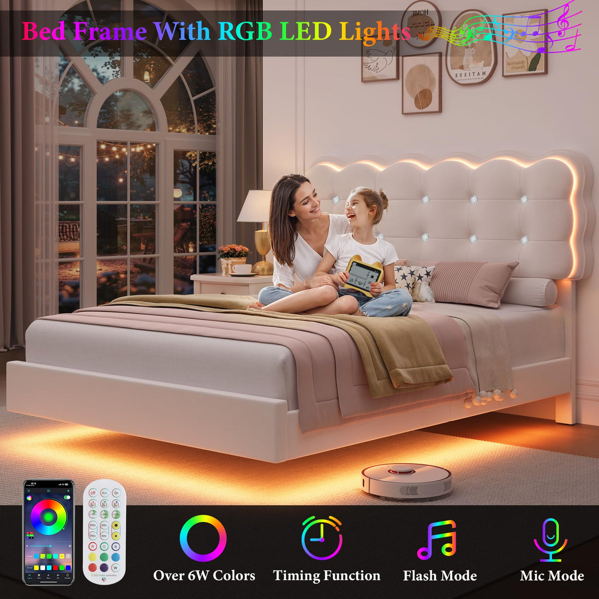 HIFIT Upholstered Full Size LED Bed Frame with Charging Station and Adjustable Crystal Button-Tufted Puffs Headboard, Velvet Princess Floating Platform Bed Frames for Girls, No Box Spring Needed,Beige