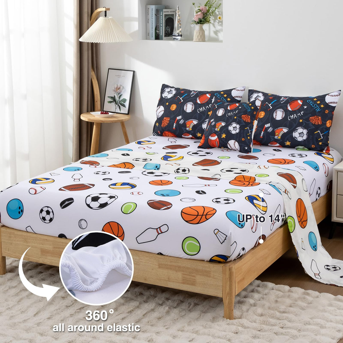 A Nice Night 6Pcs Bed in A Bag Full Sports Microfiber Modern Comforter Set,Gray Rugby Ball Printed Bedding Collections,for Boys Kids Teen