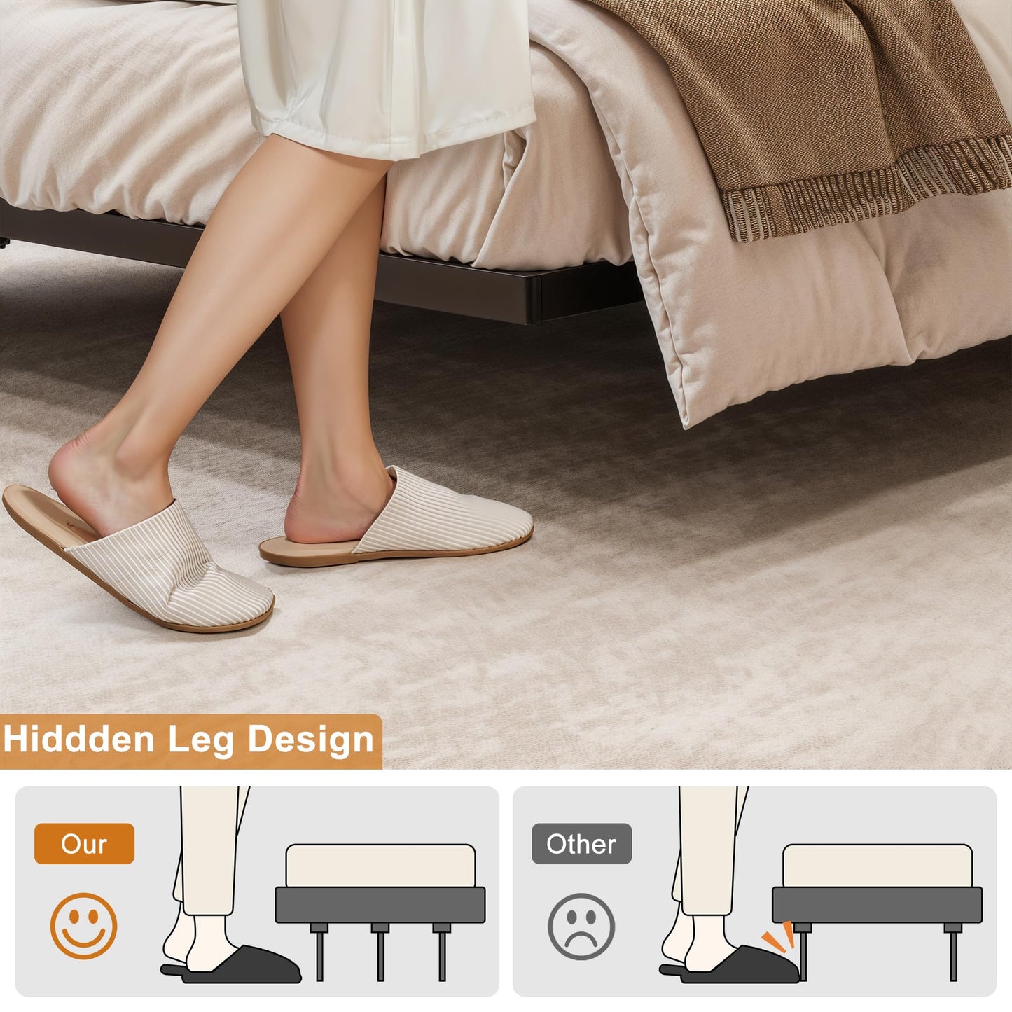 HAUSOURCE Full Size Floating Bed Frame with Storage Headboard Metal Platform Bed Frame with LED Lights and Charging Station Easy Assembly No Box Spring Needed