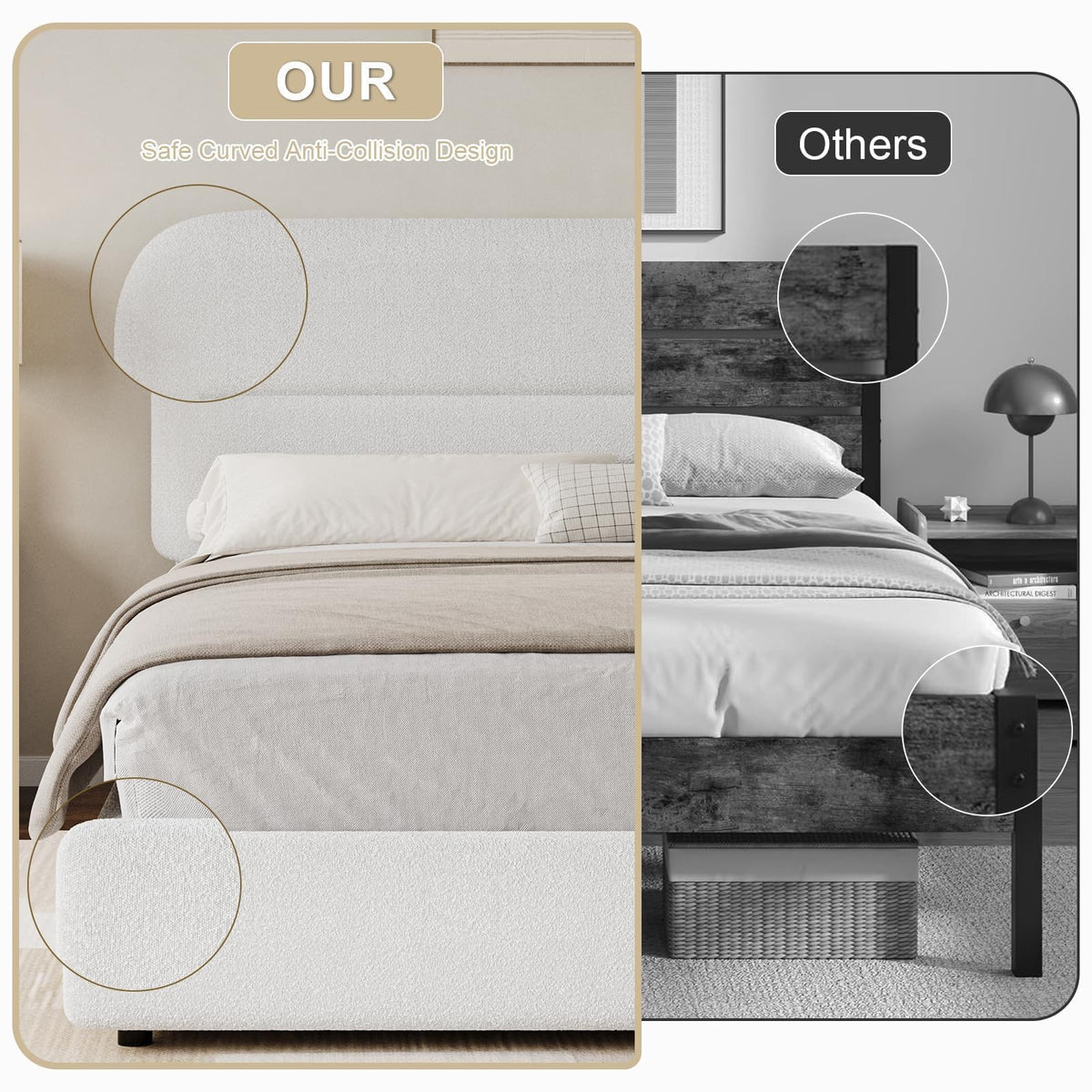 HOMBCK Twin Bed Frames with Headboard, Boucle Upholstered Platform Bed Twin Size for Kids, Rounded Corners & Thickened Footboard, No Box Spring Needed/Easy Assembly, White