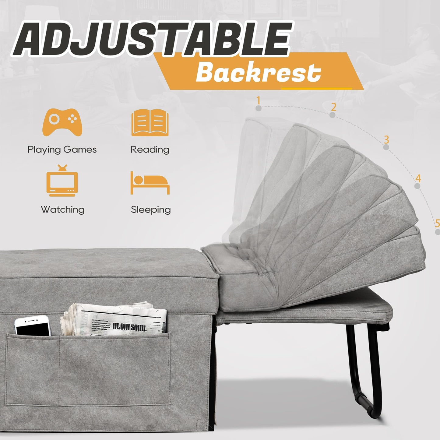 OMOCCUIT 4-in-1 Multi-Functional Convertible Sofa Bed, Large Foldable Ottoman Sleeper Chaise with Adjustable Backrest, Modern Linen Convertible Futon Sofa Couch for Living Room, Apartment (Light Grey)