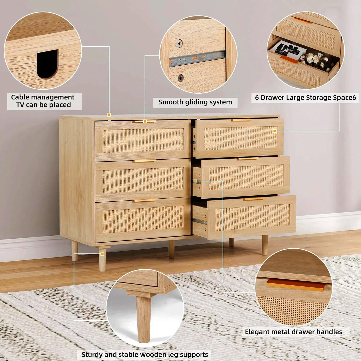 FUQARHY Rattan Dresser for Bedroom, Modern 6 Drawer Double Dresser with Gold Handles, Wood Storage Chest of Drawers fo Bedroom,Living Room,Hallway (Natural)