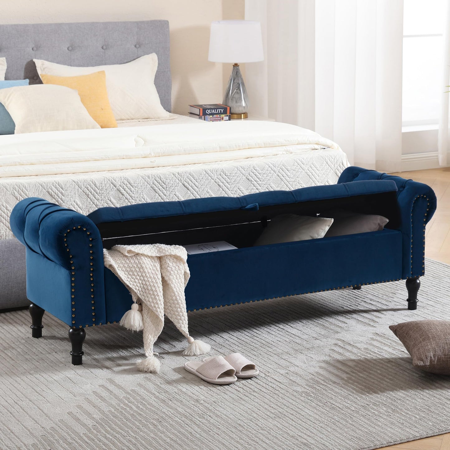 HOMYKA Velvet Storage Bench 67 Inch Upholstered Tufted Ottoman Bench with Arms Large Storage Space King Size End of Bed Bench for Bedroom Living Room Entryway Navy Blue