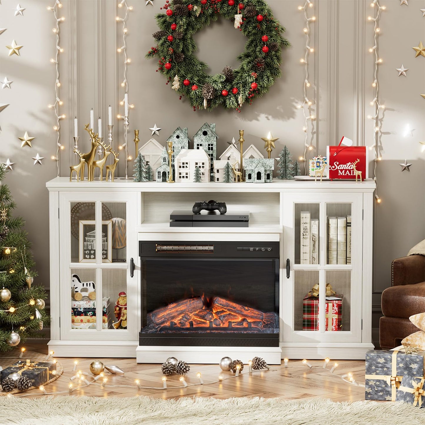 JUMMICO Fireplace TV Stand for TVs up to 65'', 3-Sided Glass Media Entertainment Center Console Table with Cabniet Storage Adjustable Flame LED Color for Living Room (Distressed White)