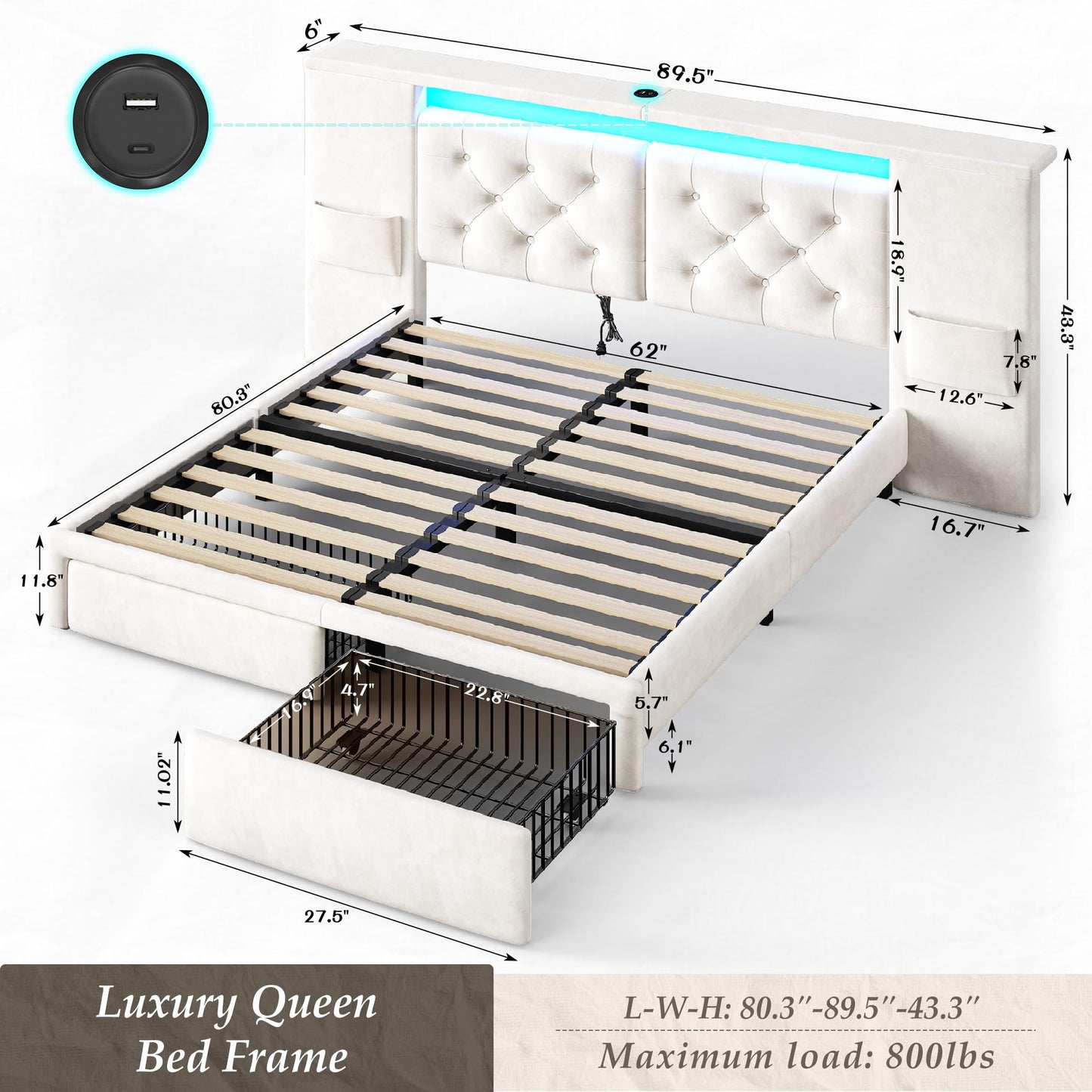 Homkdom Luxury Queen Bed Frame with 2 Storage Drawers and Upholstered Oversized Headboard, Modern Velvet Bed Frame with LED Lights and Charging Station, No Box Spring, Beige