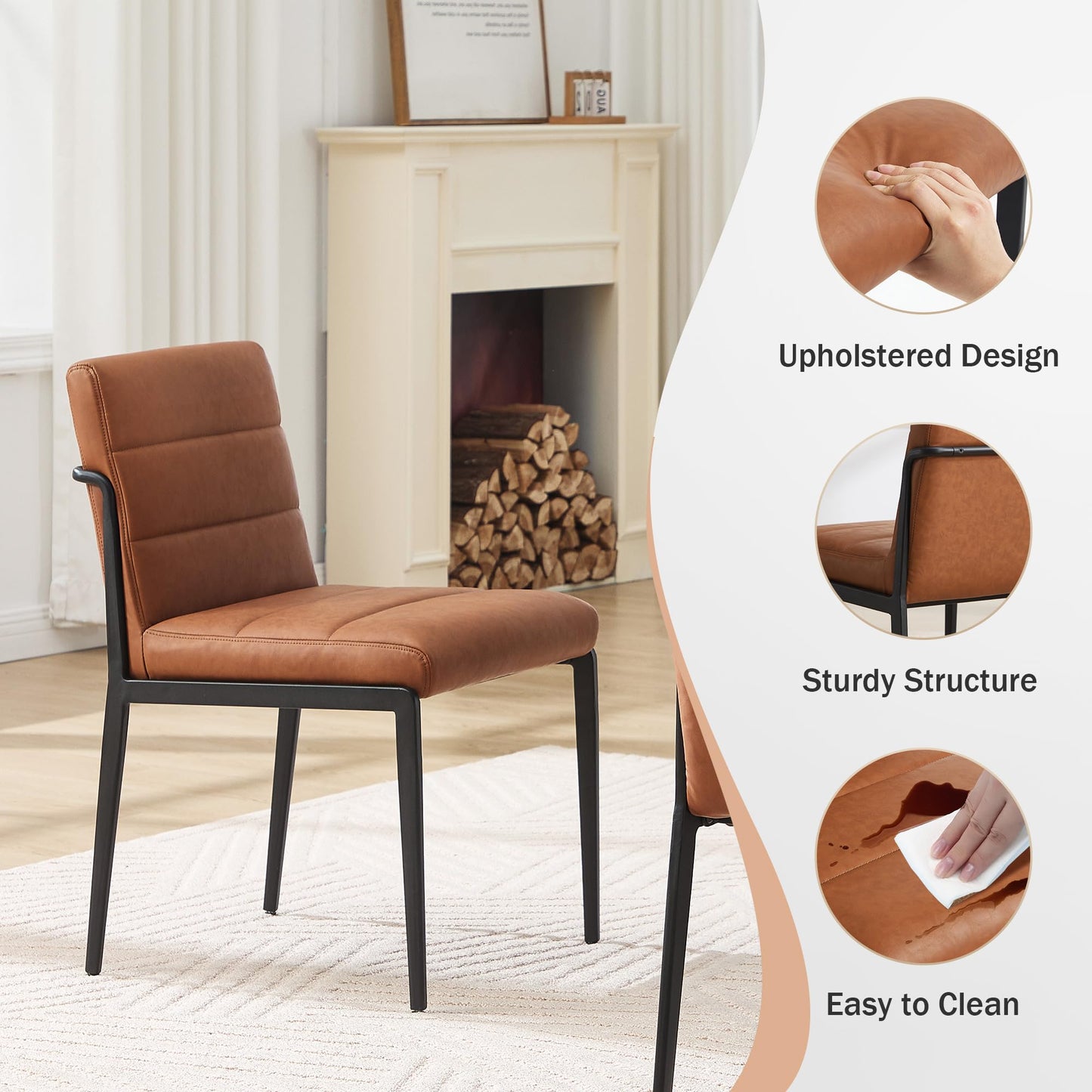 Flouki Modern Dining Chairs Set of 4, Faux Leather Kitchen Chairs with Wide Seating, Upholstered Dinner Chairs for Kitchen Dining Room with Thick Foam Padded on Backs, Sturdy Metal Legs, Brown