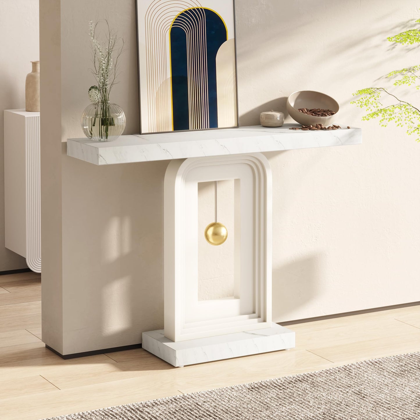 Tribesigns Modern Console Table, 40 Inches Narrow Sofa Entryway Table with Pendulum Shape Base, Contemporary Marble Accent Table for Living Room Hallway Entrance, White