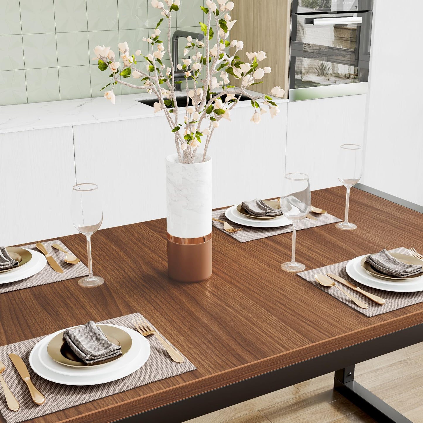 SHA CERLIN Kitchen Dining Table Set for 4 with Benches, Rustic Small Space Saving Dinette, Heavy Duty Metal Frame