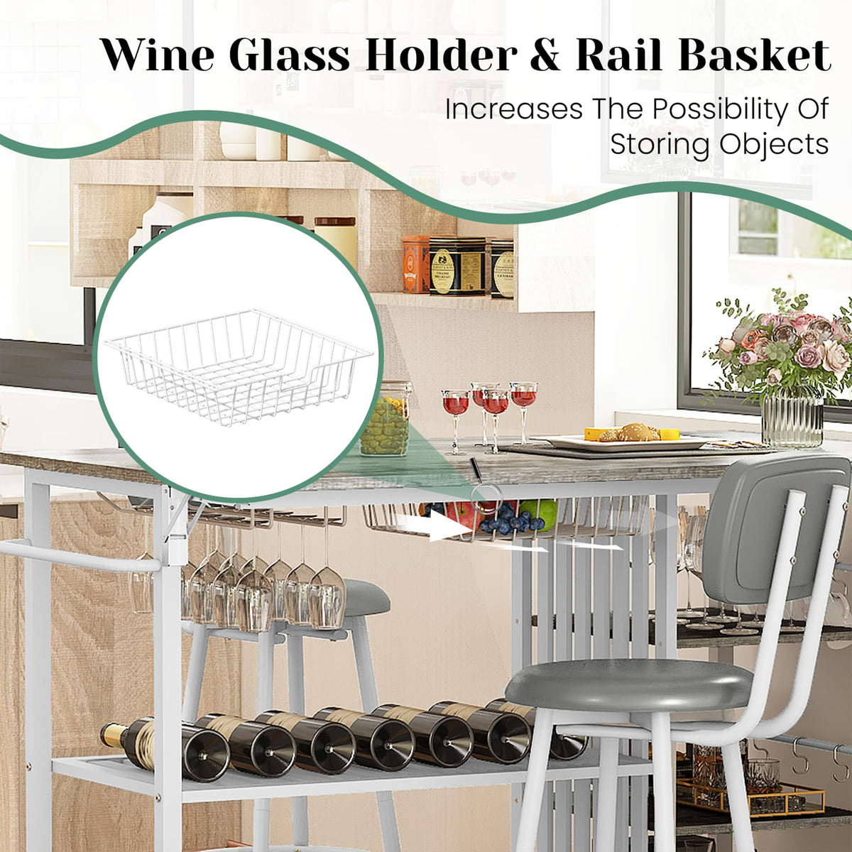 Recaceik Small Kitchen Island Table for 2 with Storage & Seating, Drop Leaf Dining Table Set for Small Space (Grey)