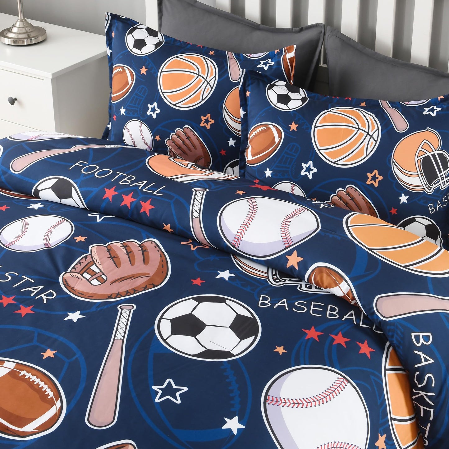 Andency Cartoon Ball Games Comforter Twin(66x90 Inch), 2 Pieces(1 Comforter, 1 Pillowcase) Soccer Basketball Baseball Football Comforter Set Sport Microfiber Bedding Set for Boys Girls Kids Teens