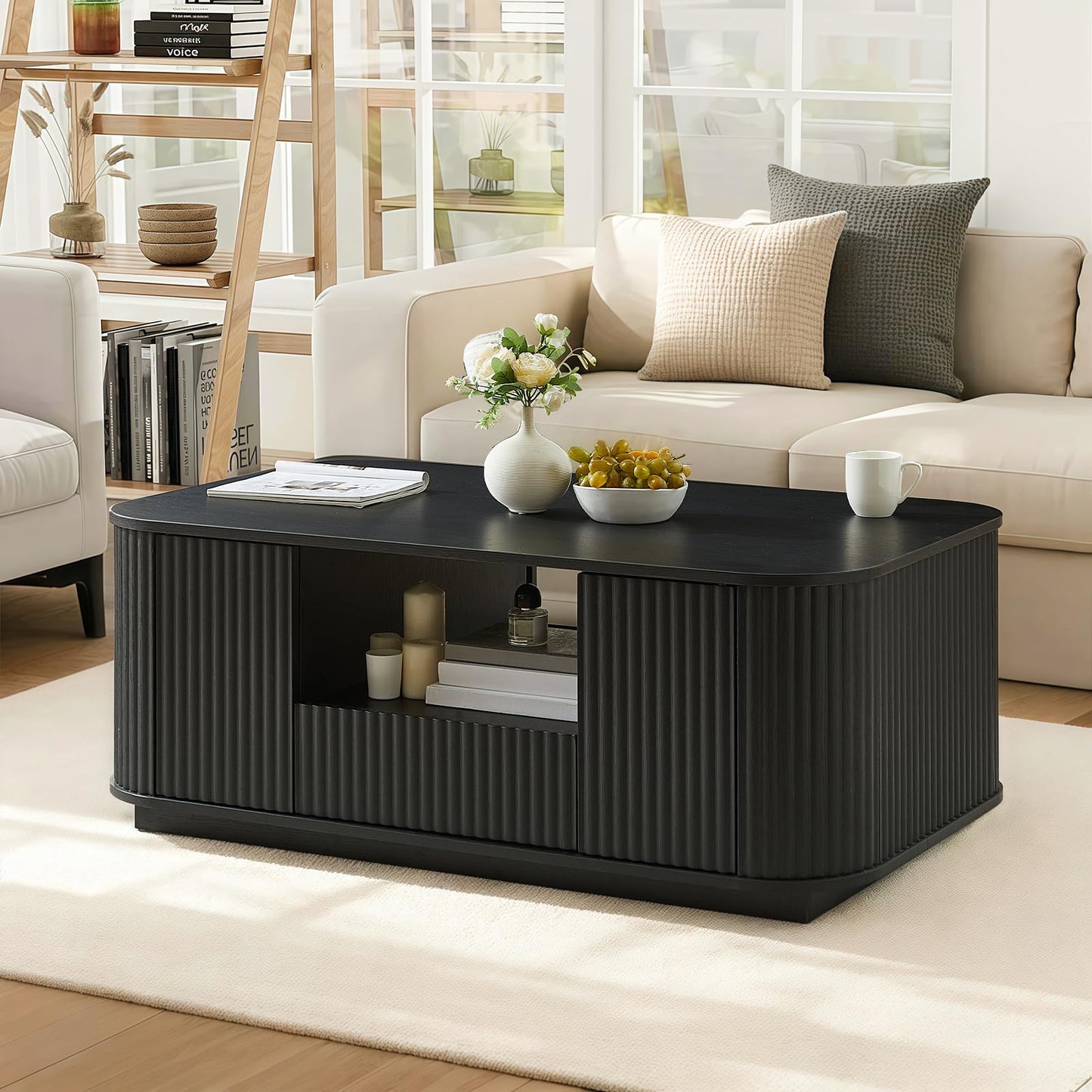 LKTART Coffee Table, 46.5" Mid Century Modern Storage Coffee Table with Door, Center Table with Drawer Wave Pattern for Living Room, Office, Apartment, Black