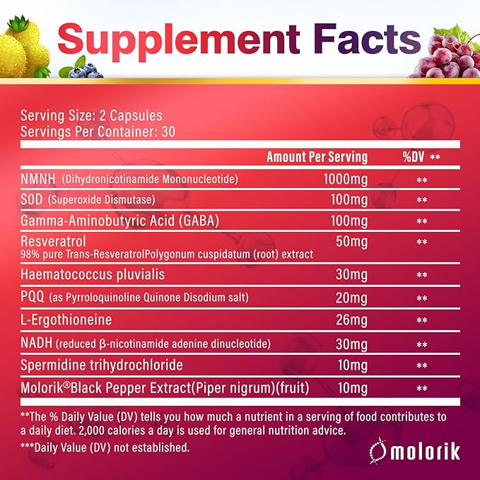 NMNH (Dihydronicotinamide Mononucleotide), 1000mg Per Serving NAD High Purity Supplement Alternative, Capsules Gluten Free, Non-GMO, for Anti-Aging, Energy, Focus - 066