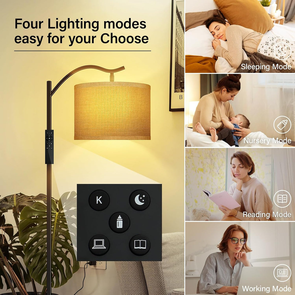 BoostArea Floor Lamp for Living Room,Arc Floor Lamp with Remote Control,Stepless Dimmable Brightness & Colors Temperature 2700k-6500k,Modern Standing Lamp for Bedroom Study Room Office,Jute
