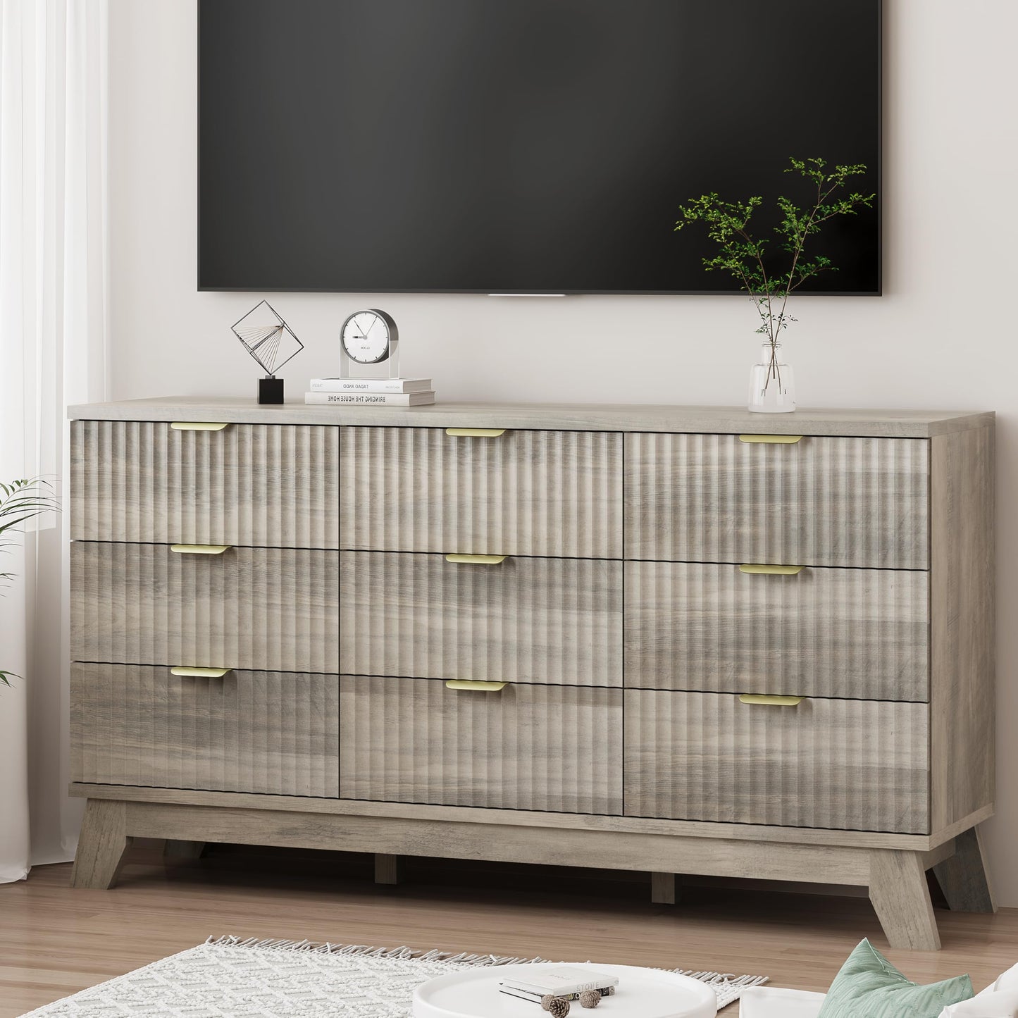 Fluted Dresser for Bedroom with 9 Drawers, 57" Wide Modern Chest of Drawers with Metal Handle, Wooden Dresser TV Stand, Wood Closet Clothes Storage Organizer for Living Room, Hallway, Grey